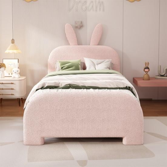 90x200cm Rabbit Shape Velvet Fabric Children Bed with Headboard 2 Drawers Ergonomic Design Strong Wood Slat Support Bed Home Furniture