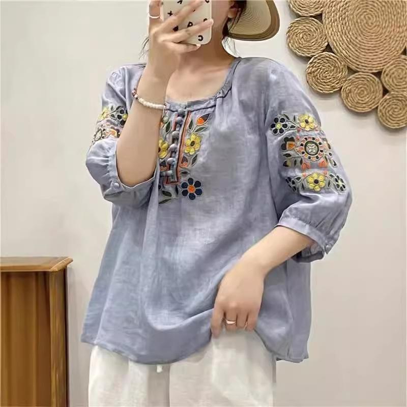 Большой размер вышитый национальный стиль летний новый стиль, рукав семь четвертей хлопок лен ретро литературный свободная футболка универсальный топ M