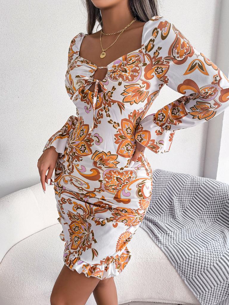 Women's New High Waisted Sexy Dress In Autumn  Long Sleeved Short Skirts  Printing Temperament Bag Hip Dress