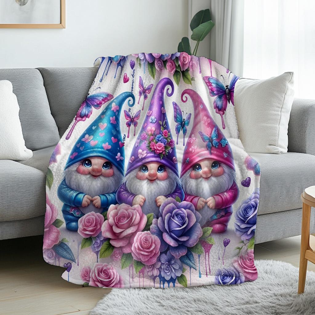Colorful Gnome Butterfly Rose Flannel Throw Blanket Cute Dripping Paint Three Gnomes Romantic Sofa Blanket