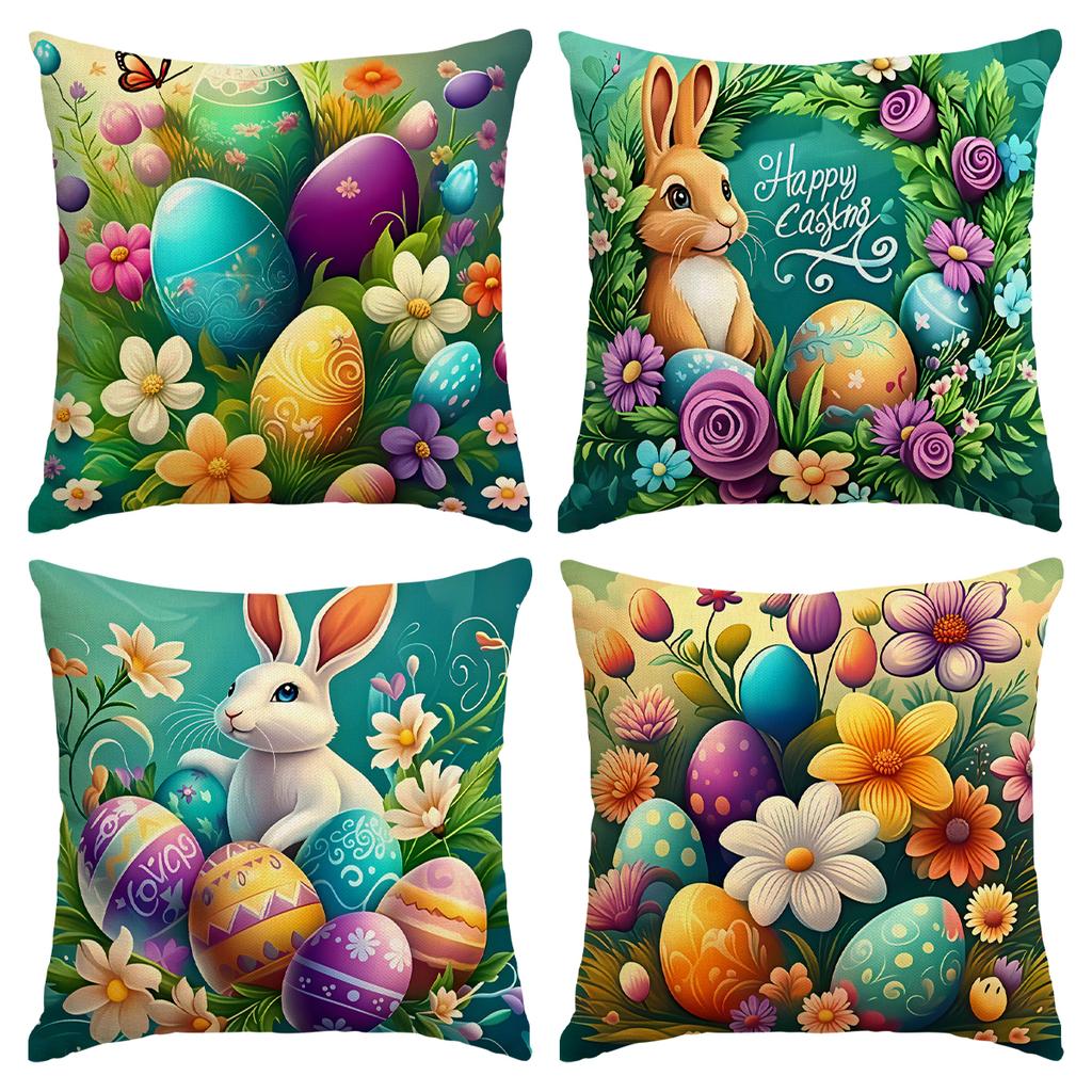 4Pcs Spring Easter Pillowcase, Cute Rabbit, Easter Egg Plant Flower Print Pillowcase, Easter Party Decoration Sofa Cushion Cover