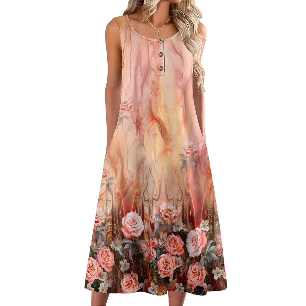 Women's Fashion Casual Sleeveless Button Floral Print Dress with Pocket