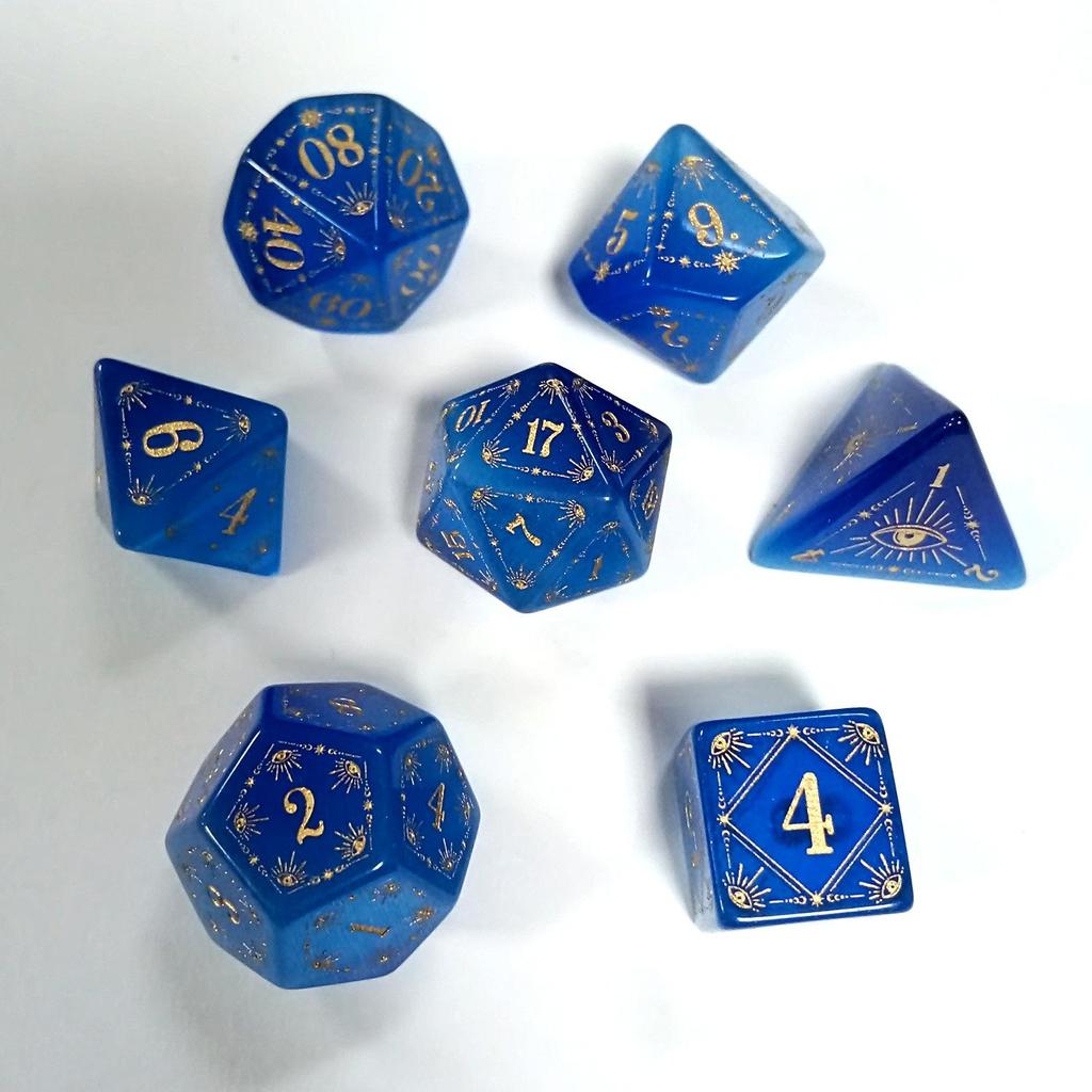 Medium Blue Cat's Eye Dice Set: Eye of Horus Pattern for Dungeons & Dragons