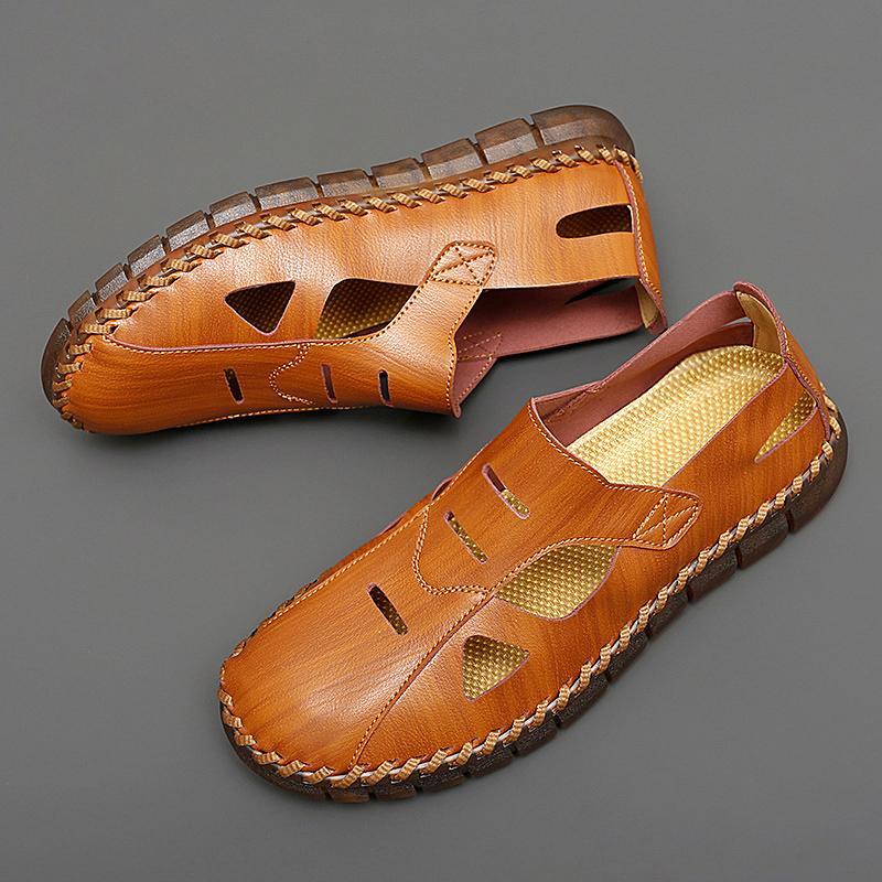 Hand-stitching Mens Casual Shoes New Summer Men Sandals All-match Man Leather Flats Fashion Hollow Out Shoes Breathable Sneakers