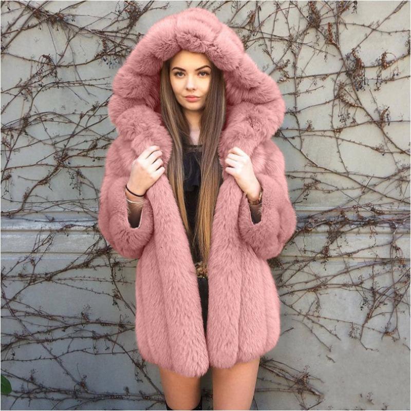 Fur Sales Fox Fur Imitation Fur Jacket Women's Hooded Splicing Medium and Long Coat Light Luxury European and American Style