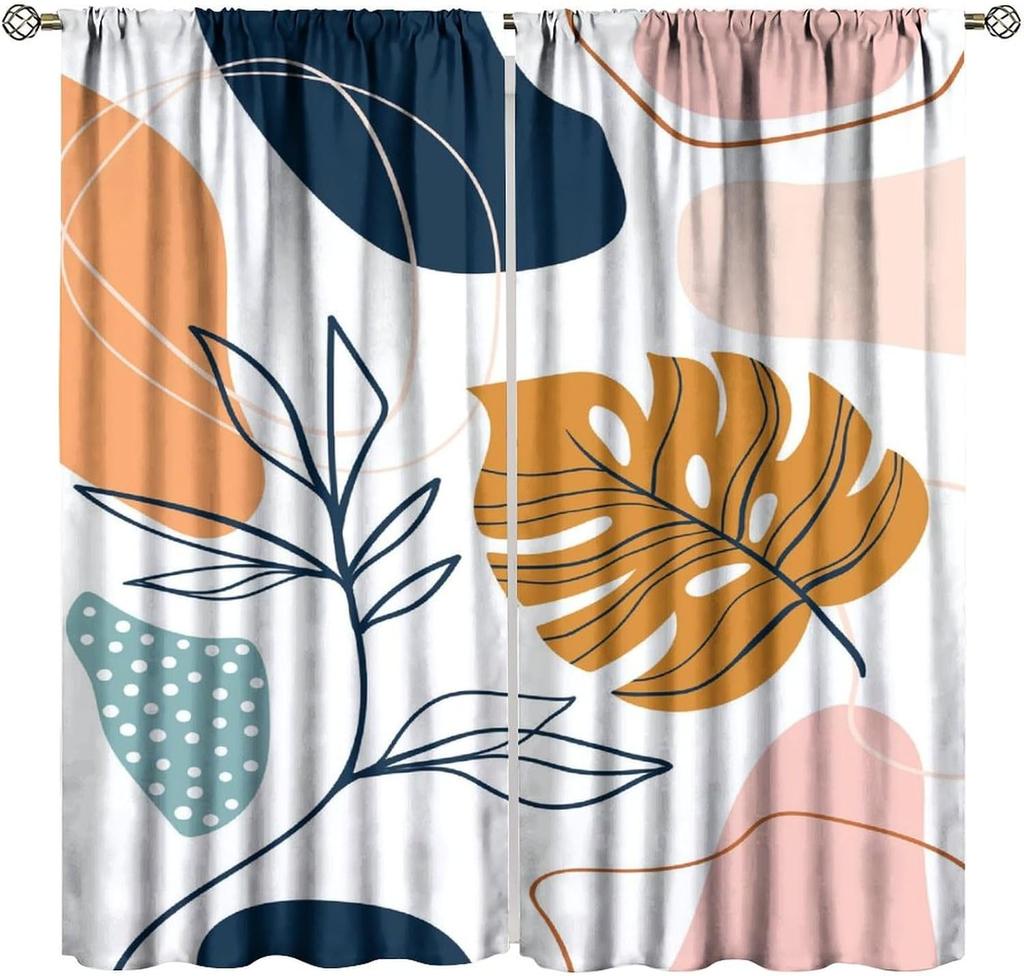 Mid Century Abstract Boho Orange Decor Curtain, Spring Summer Pink Green Nature Leaf Sun Modern Home Kitchen Livingroom Coffee