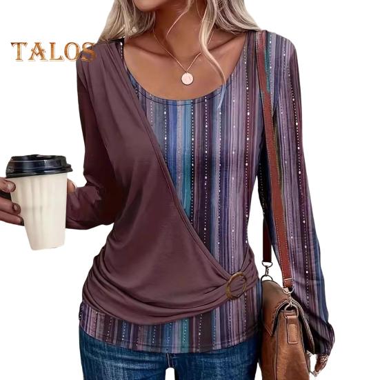 Damen-Oberteile, Rundhalsausschnitt, Langarm, Pullover, Tops, Streifendruck, Spleißdesign, lässig, lockeres T-Shirt für den Alltag
