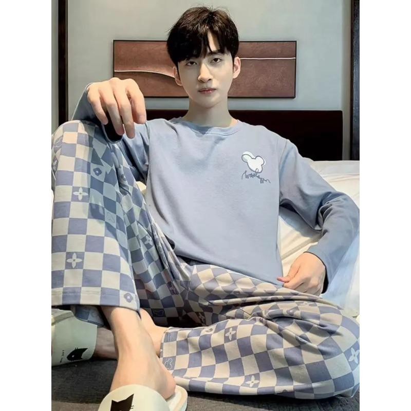 

Пижама для мужчин весна-осень клетчатая однотонная большого размера молодежная домашняя одежда комплект пижамы с длинным рукавом домашняя одежда XL