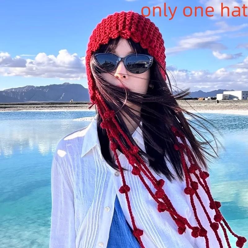 Chinese Style Knit Hat With Floral Embroidery And Ear Warmth For Autumn Winter Comfort Style B