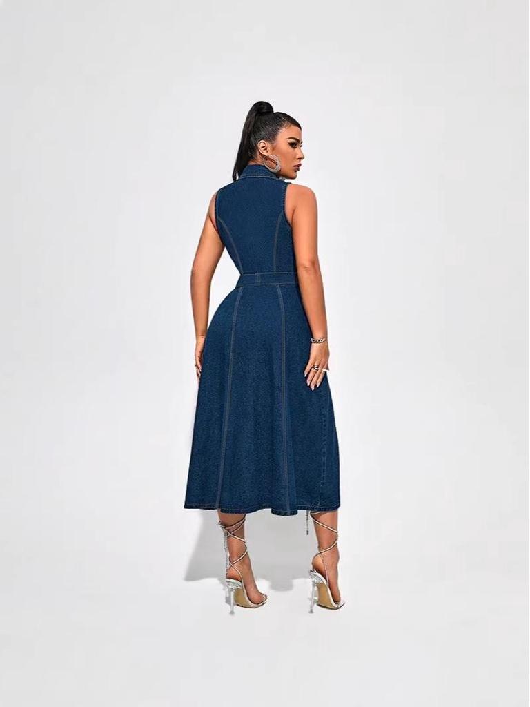 Women's Sleeveless Denim Dress with Split: Fashionable Long Dress