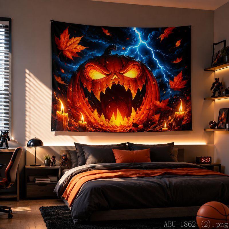 Halloween Tapestry Pumpkin Black Cat Lightning Maple Leaf Candle Print Bedroom Party Wall Hanging Decor Cloth