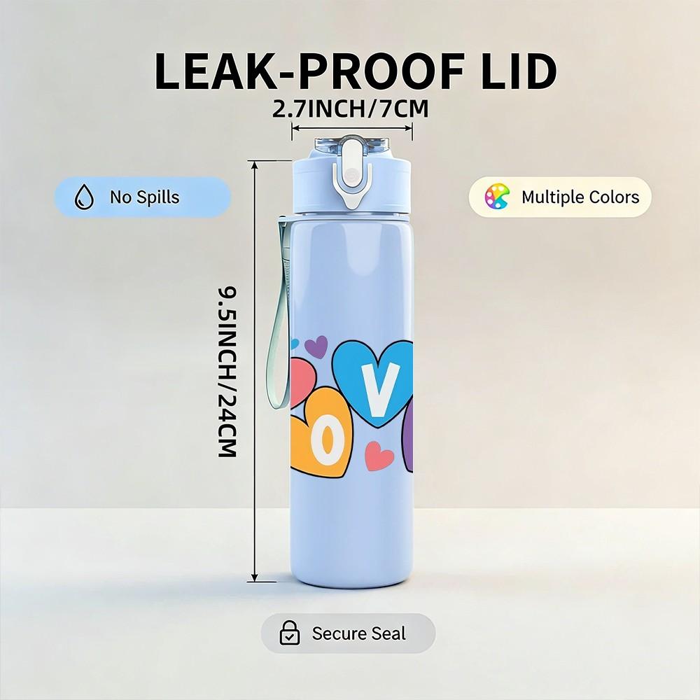 1PC Love Word Multicolor Heart Doodle Design 750ml Color Plastic Sports Water Bottle Leakproof Flip Straw Lid Suitable for Sports Office Home Use
