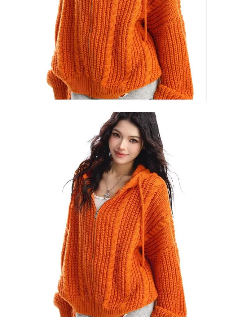 American Casual Cable Knit Hooded Sweater for Women - 2025 Spring/Autumn Trendy Loose Fit Jacket