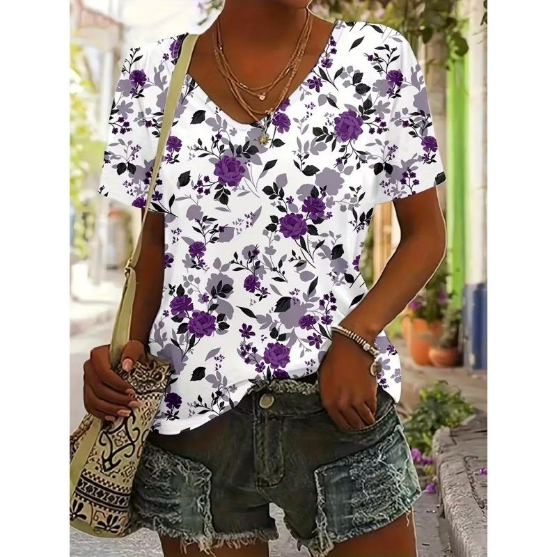 Summer printed women s T-shirt, outdoor daily casual fashionable retro clothing S