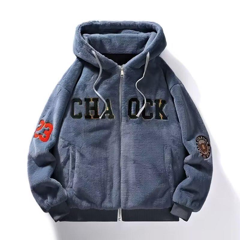 Men's Lamb Fleece Embroidered Hooded Jacket - Warm, Loose Fit for Autumn & Winter