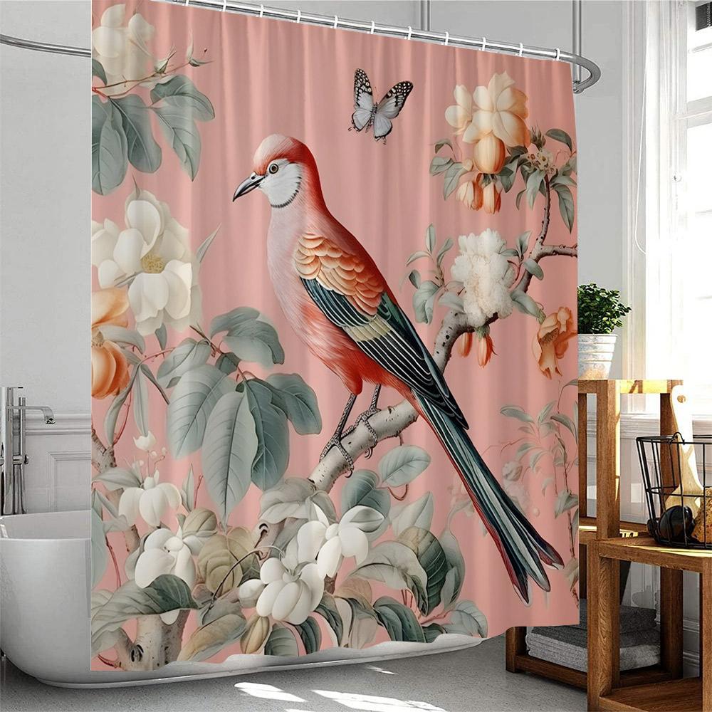Birds Shower Curtain Elegant Home Decor For Bathroom Flowers Blossom Branched Floral Pink Polyester Bathtub Curtain With Hooks