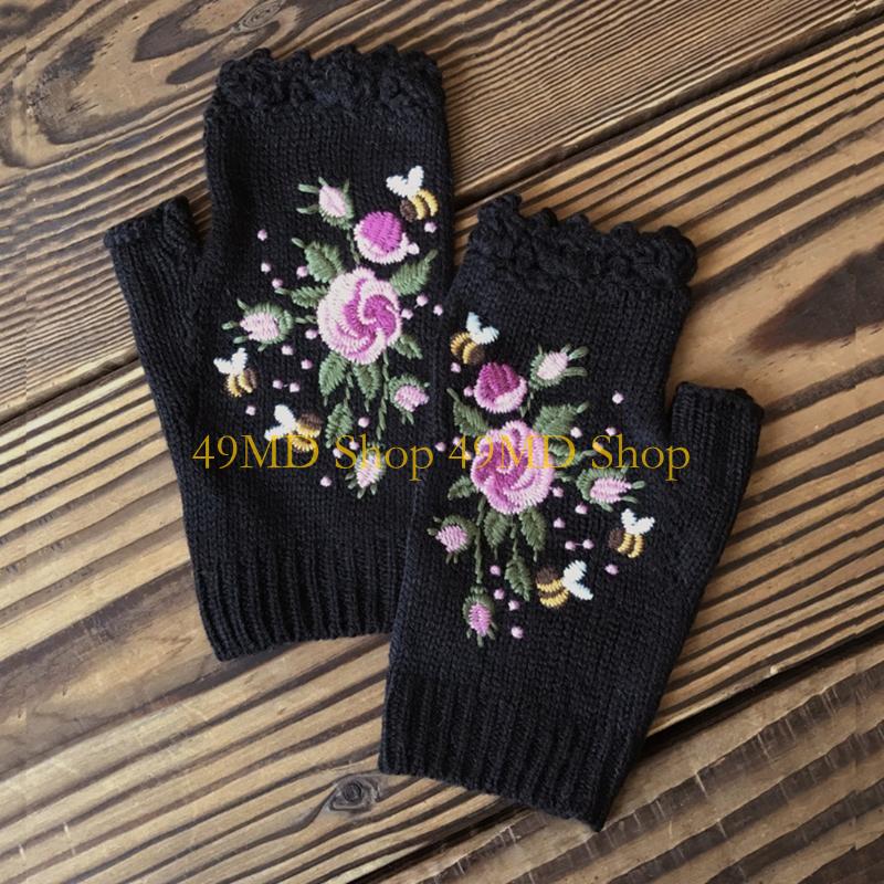 49MD Knit Fingerless Gloves Fall Winter Floral Embroidery Half Finger Cycling Mittens