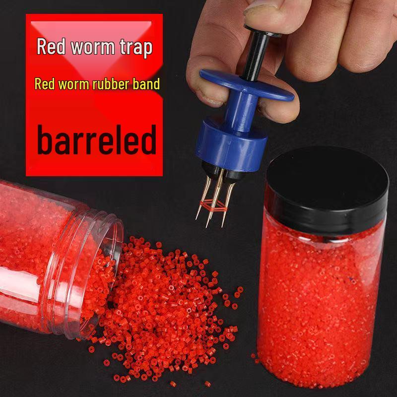 Red Worm Fishing Bait Bucket with Rubber Bands and Quick Clip Binder