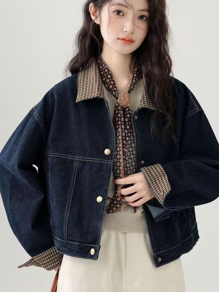 2025 Spring/Autumn Hong Kong Style Plaid Patchwork Denim Lapel Jacket for Women, Petite & Loose Fit.