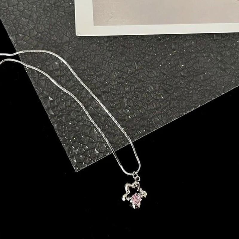 Blumen Hohl Anhänger Halskette Inlay Zirkon Stern Rosa Herz Hals Schmuck Für Frauen Mädchen Ästhetische Halskette Schlüsselbein Kette