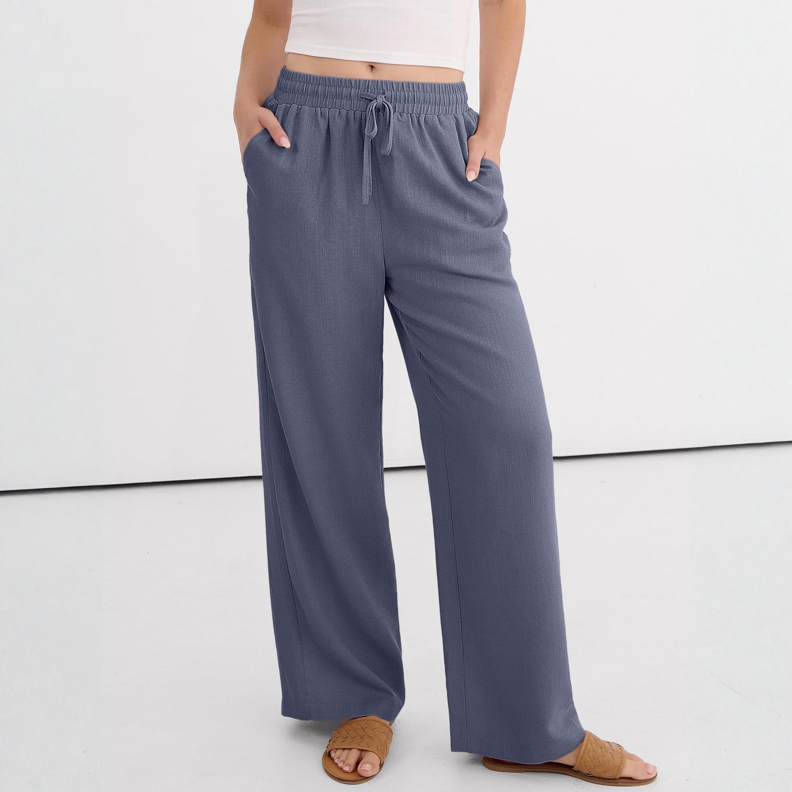 

Wide Leg Pants For Women Flowy Drawstring Elastic Waist Trousers With Pockets Summer Beach Vacation Clothes L