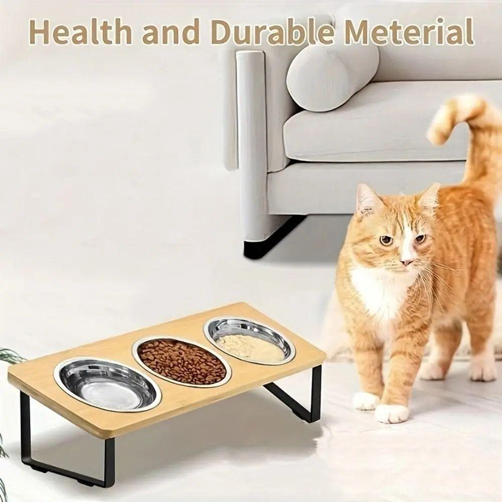 Anti-Leak Pet Feeder Non Slip Wood Dog Water Feeding Dish Cat Bowl Stand  Small to Medium Cats