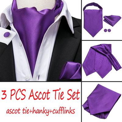 Mens Purple Ascot Tie with Pocket Square Cufflinks Satin Silk Necktie Set