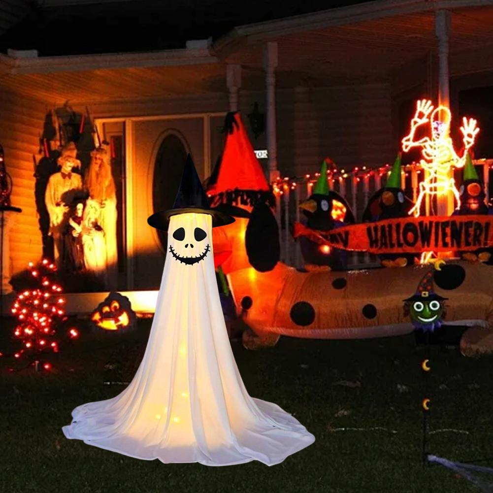 2Pcs LED Halloween Ghost Decorations 8 Modes Standing Ghost Ornament IP44 Waterproof Light-Up Tripod Ghost Statue for Home Decor