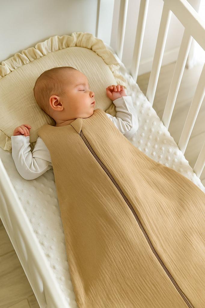 Rounded muslin sleeping bag for children S 0-6 months summer TOG 1.0 - camel