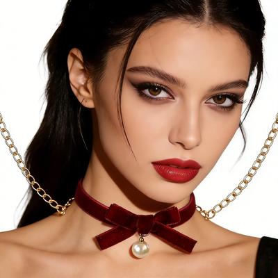 Belle Girl Style Sweet Accessory, Burgundy Necklace, Black Velvet with Collar, Choker Collarbone Chain, Necklace