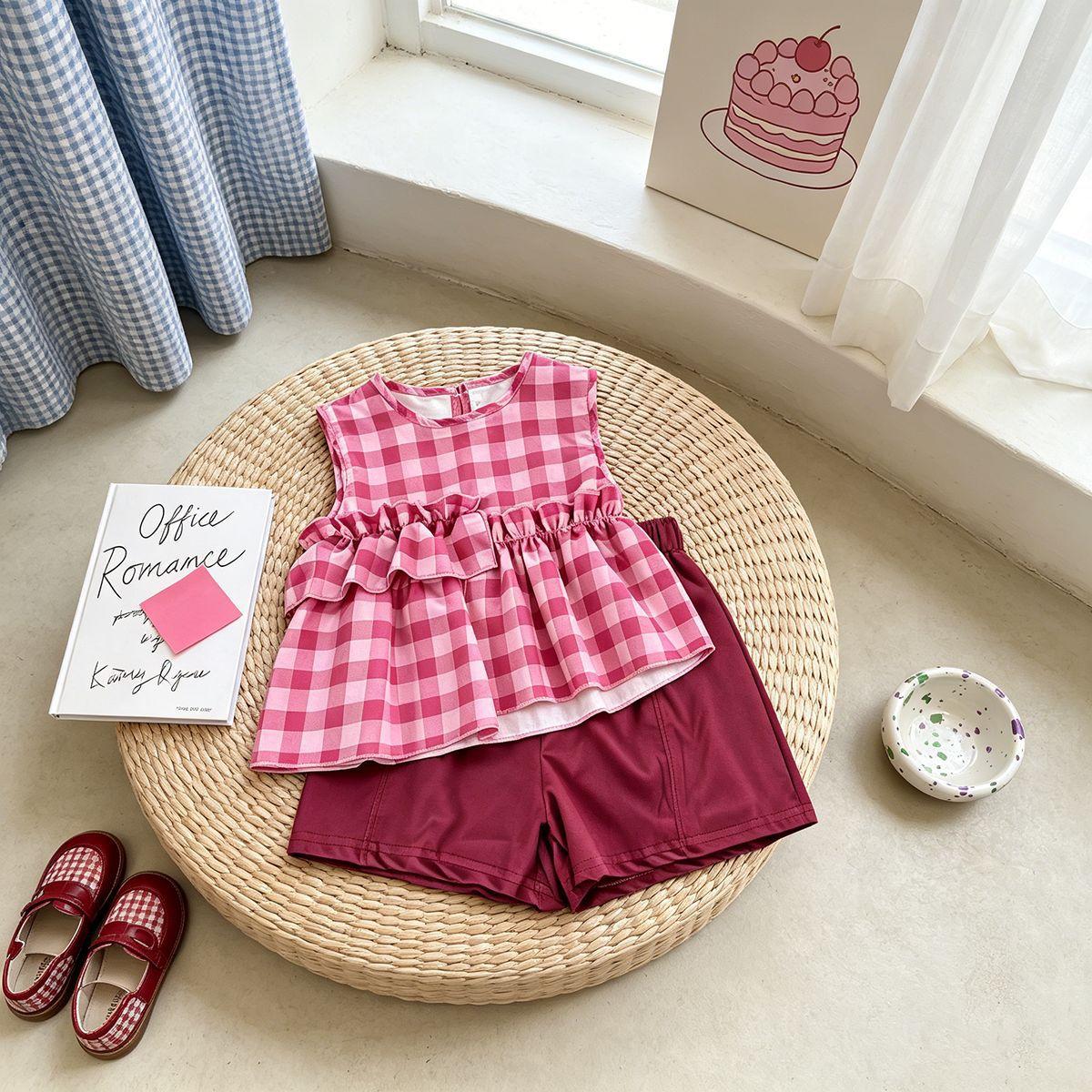 Girls Block Plaid Sleeveless Top And Shorts Set Stylish Two Piece Outfit For Baby Girls Summer Casual Wear 90cm