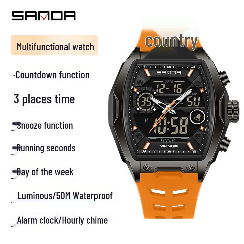 Sanda Dual-Movement Barrel Watch: Luminous Alarm, Large Dial, Multifunctional Student Watch.