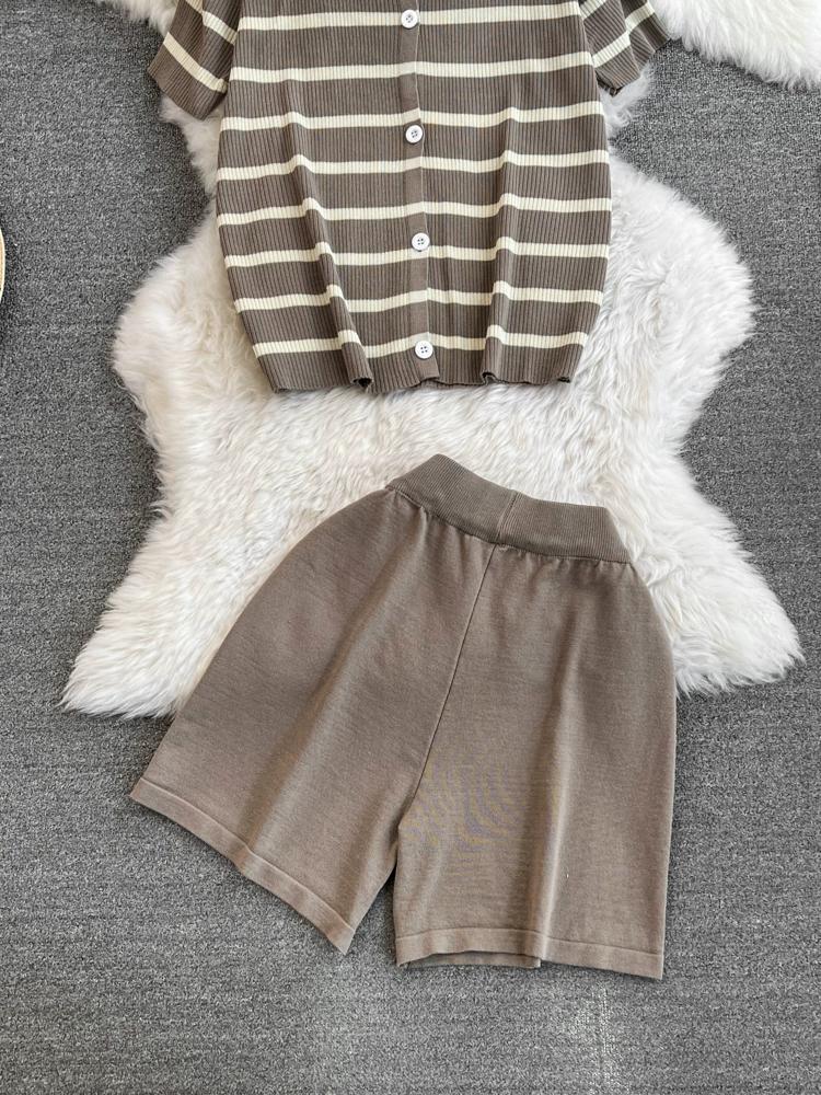 Summer Women Casual Knitted Sweater Pant Set Single Breasted Striped Tops and Shorts Chic Student Two Piece Suit