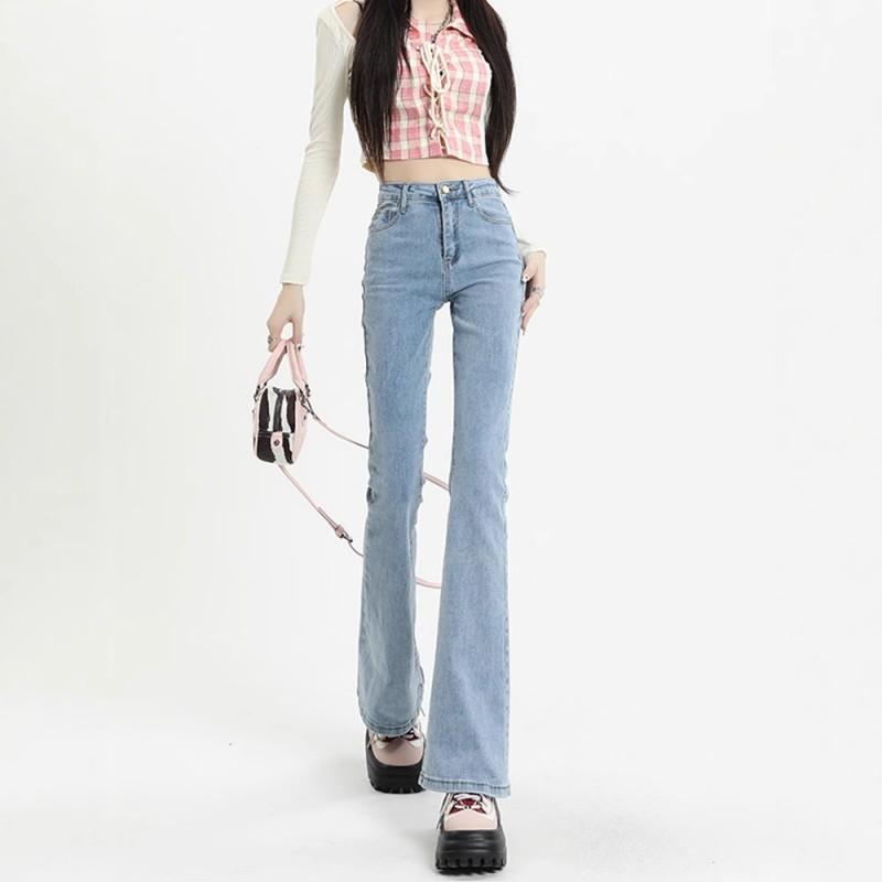 High-Waisted Stretch Denim Flare Jeans Women Streetwear Slim Fit Blue Long Pants