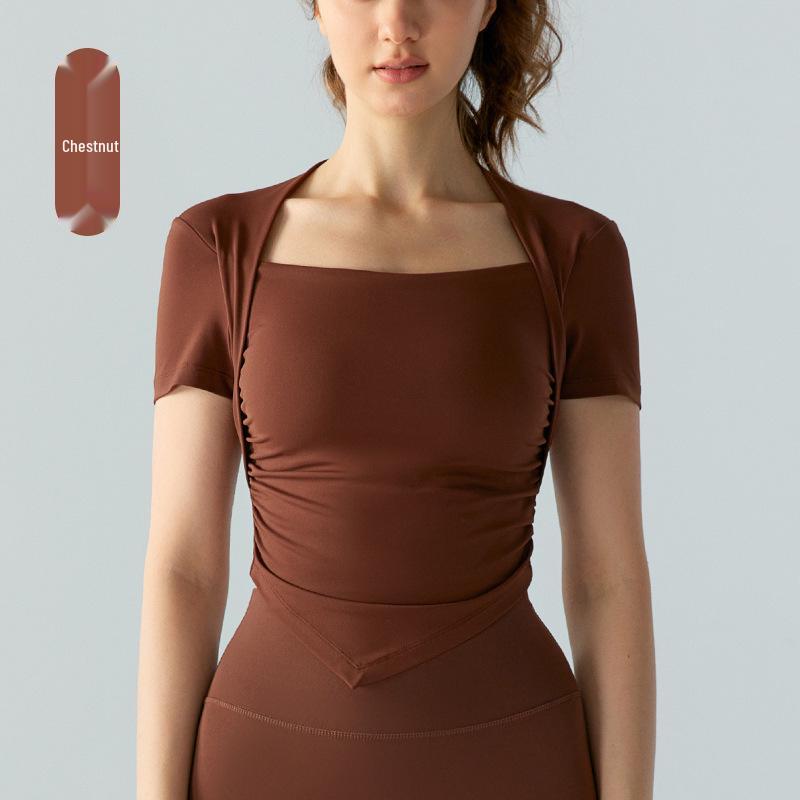 

Women s Slim Fit Short Sleeve Sports Top for Pilates and Yoga M каштановий