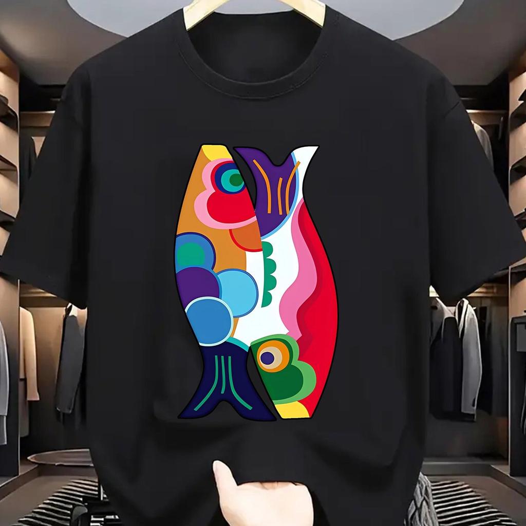 Buntes Fisch-Grafik-T-Shirt Herren Lockerer Print Kurzarm Baumwolle Freizeit-T-Shirt