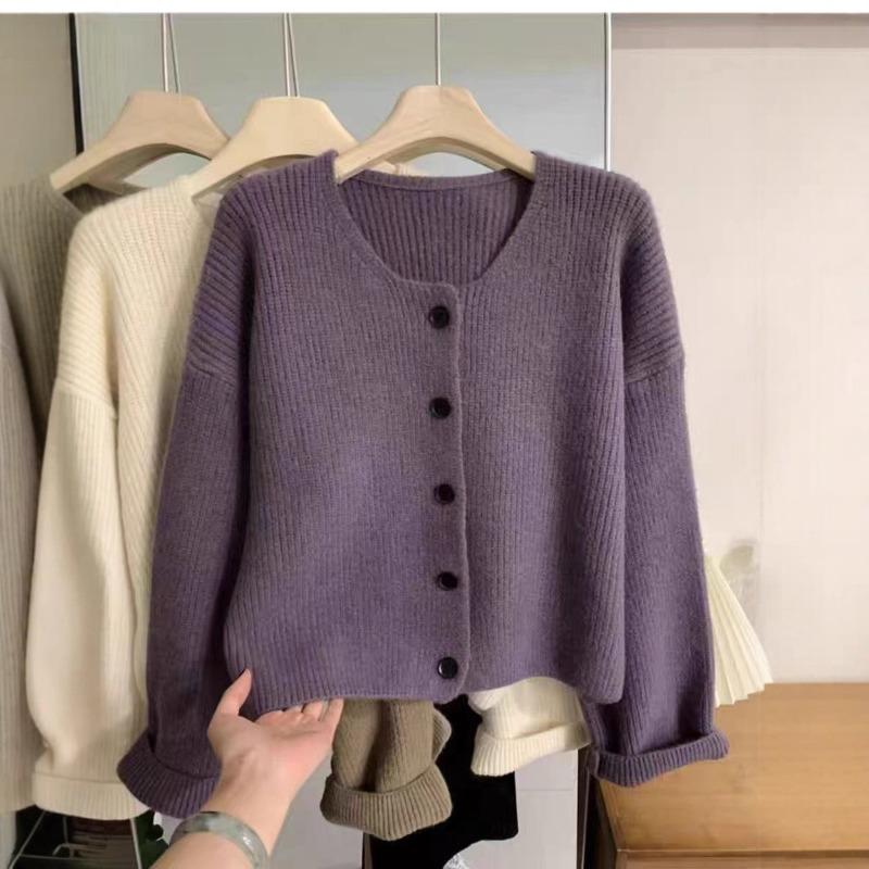 Crew neck casual sweater women's cardigan spring and autumn new lazy wind long-sleeved knitted sweater high-end top