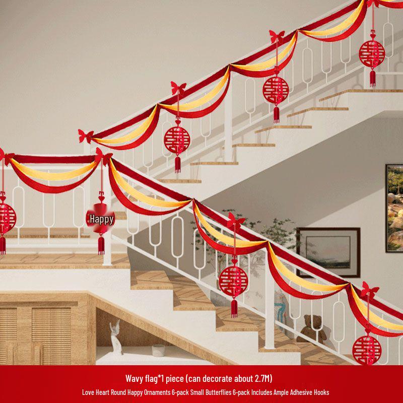 Double Happiness Stair Railing Decor: Wedding Floral Ornaments for Bride and Groom Sides