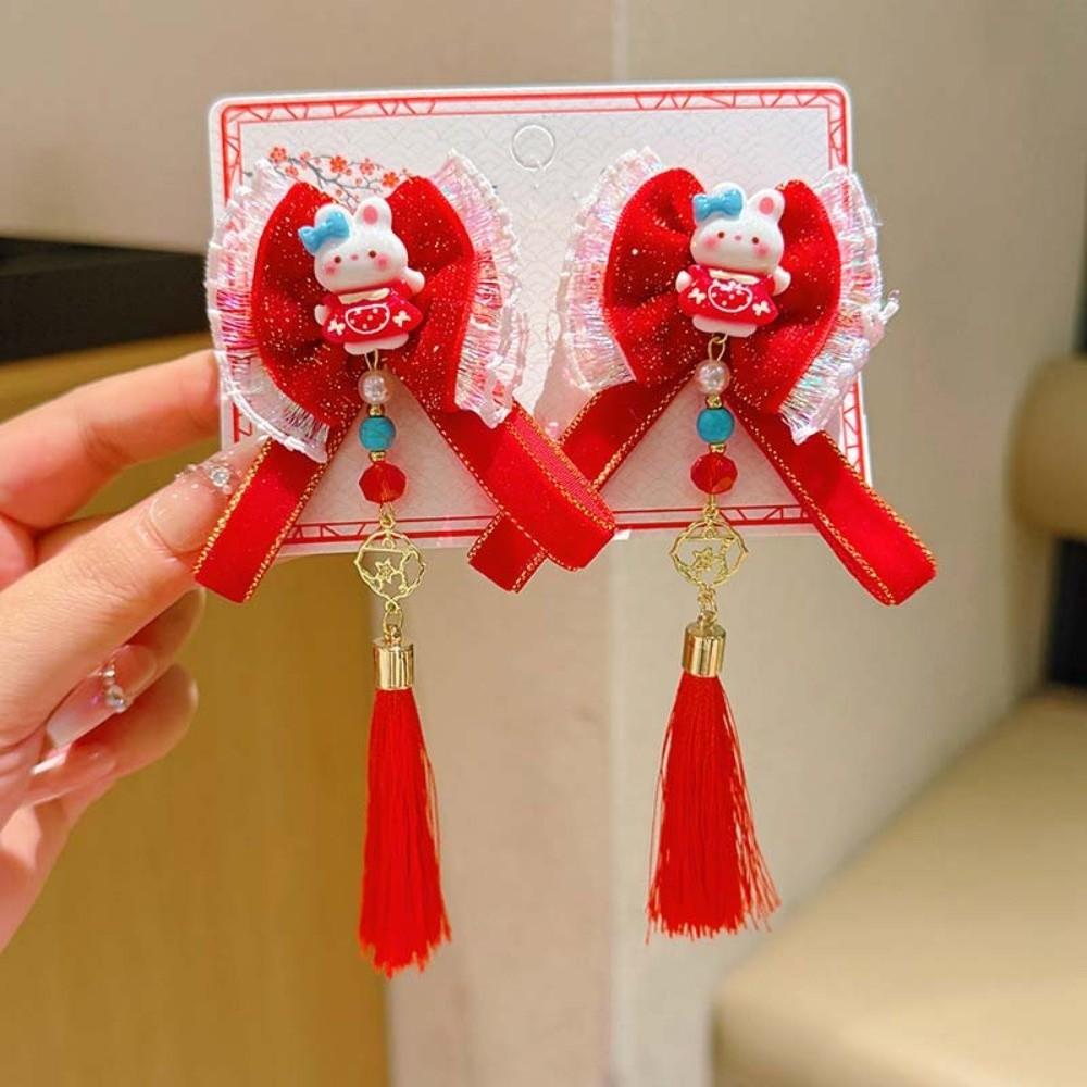 2pcs Bow New Year Tassel Barrettes Plush Ball Embroidered Bow Headwear Hanfu Hair Accessories  Kids