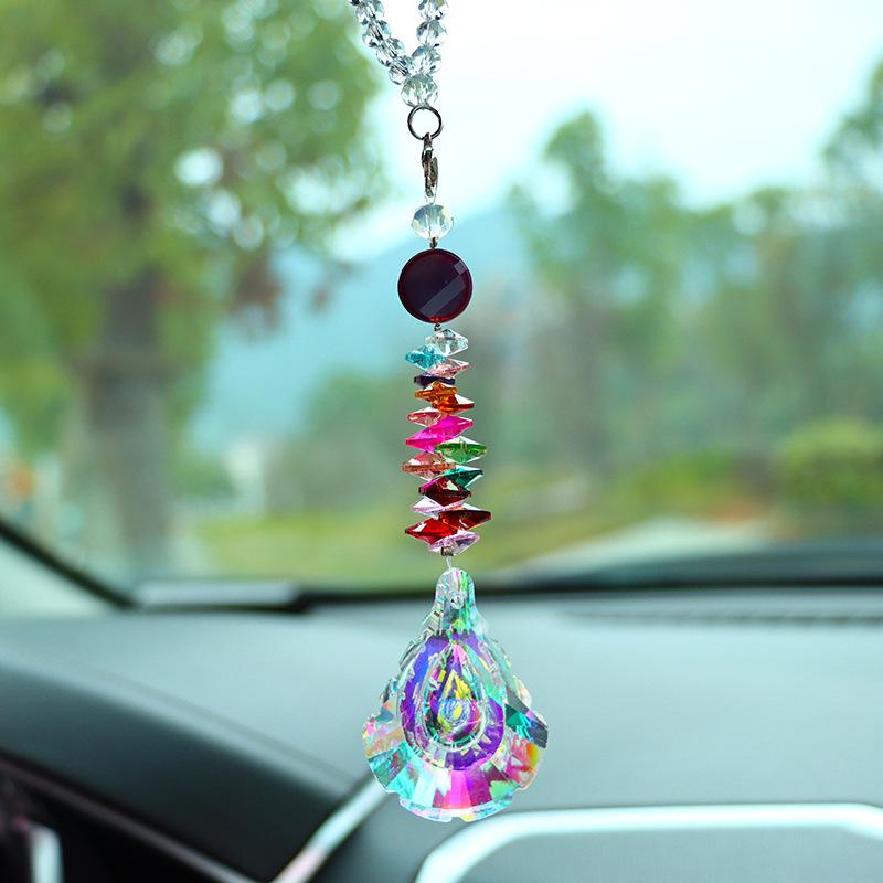 1pc Color Crystal Pendant Rainbow Drop Diamond Prisms Rearview Mirror Hangings Car Accessories Home Room Garden Decor Wind