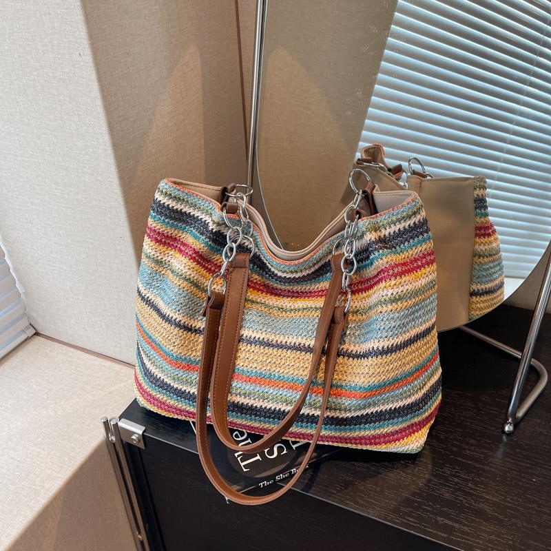 Shoulder Bag Women's Striped Contrast Color Tote Bag Woven Tote Bag Large Capacity Straw Woven Bag