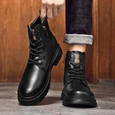 Autumn Winter New Leather Boots for Men Black Boots Platform Boots All-match Men's Boots High Top Mens Sneakers