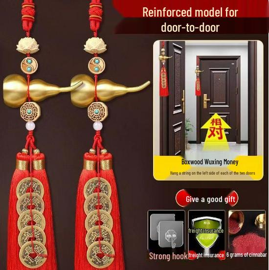 Brass Gourd Pendant with Five Emperor Coins - Boxwood Accessories for Door or Car Hanging Ornament