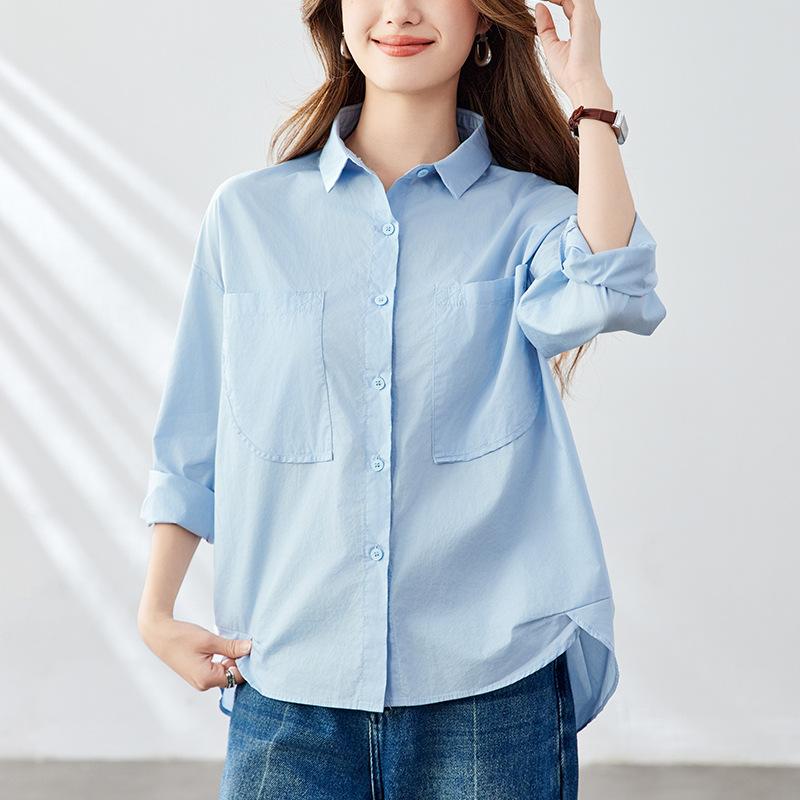 

Синяя рубашка для женская с длинным рукавом весна и осень новый дизайн нишевая женская рубашка из чистого хлопка XXL синий