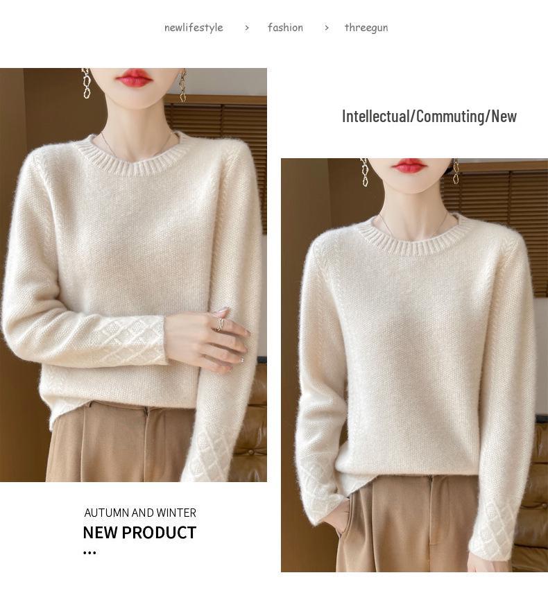 Women's 100% Wool Thick Knitted Slim Sweater, Round Neck, Versatile Base Layer for Autumn/Winter Fashion.