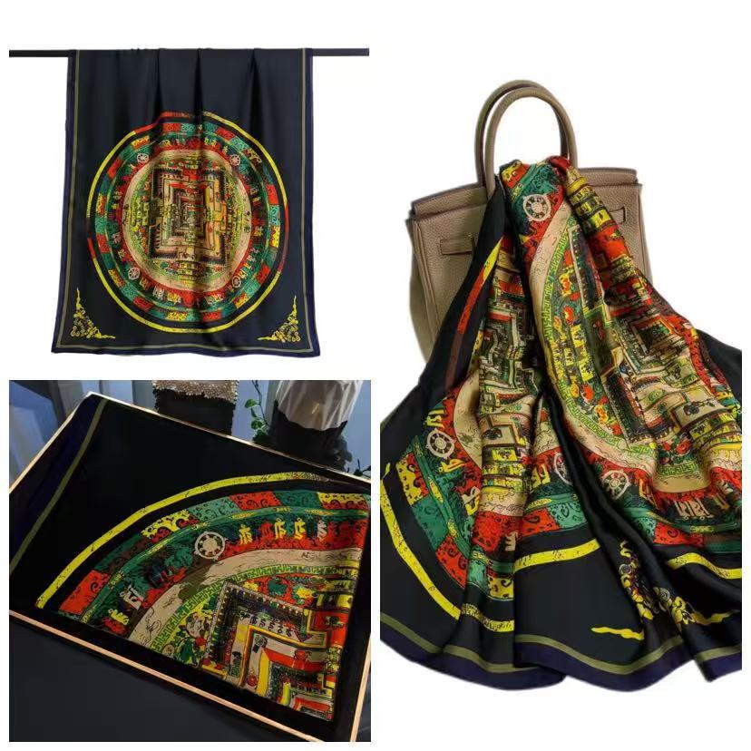 New Spring and Autumn Retro Floral Cranes Temperament Simulation Silk Large Long Scarf Sunscreen Outwear Shawl Female Silk Scarf