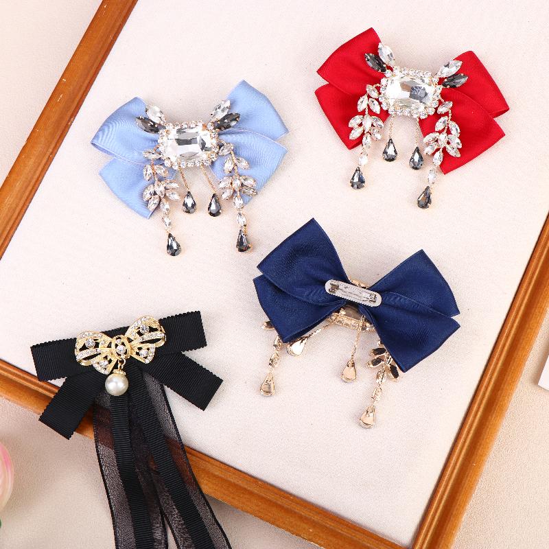New New Fabric Bowknot Brooches Rhinestone Tassel Bow Tie Female Shirt Collar Pin Vintage Corsage For Women Accessories
