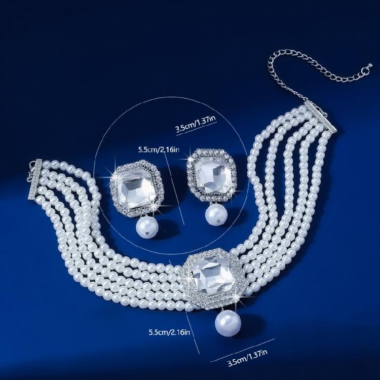 Moderne Kunst Geïnspireerd Meerlaags Imitatie Parels Ketting En Luxe Bijpassende Studs Oorbellen Accessoireset