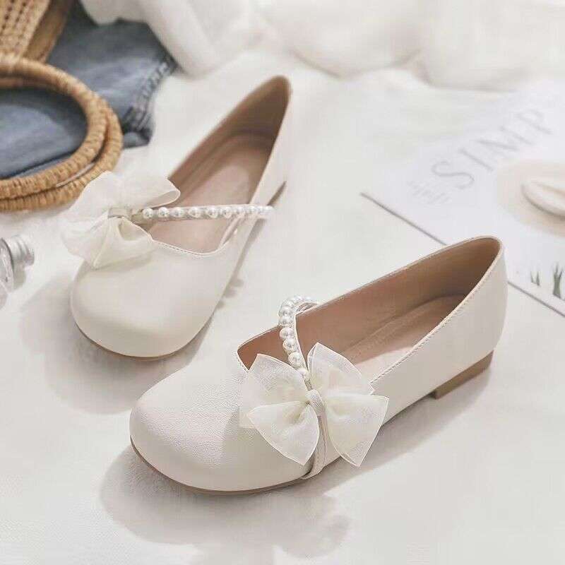 Fairy with skirt 2025 spring new women's single shoes lace versatile pearl round head flat bottom Mary Jane Doudou shoes