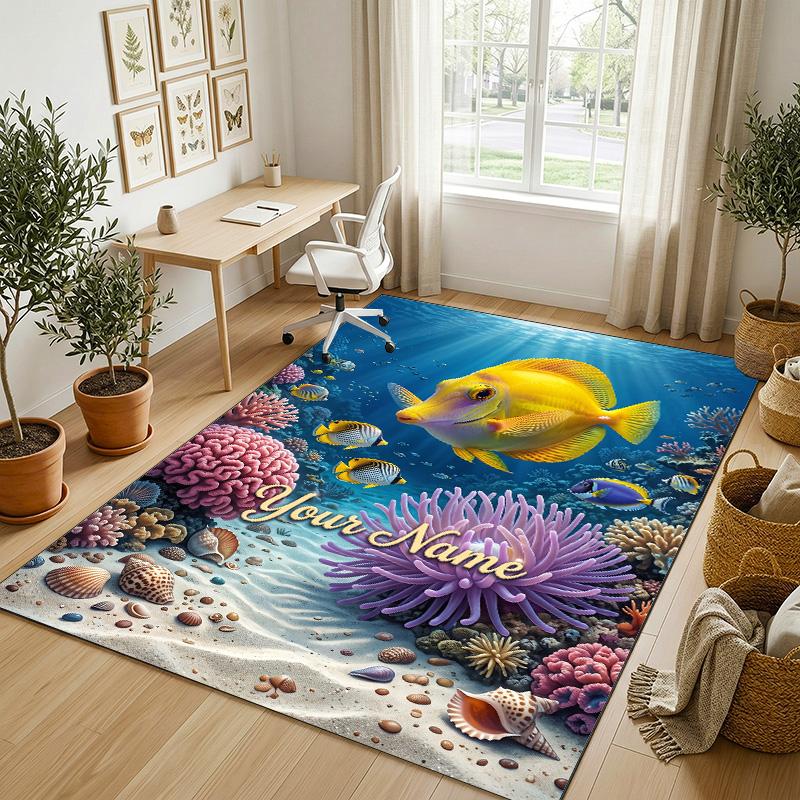 Underwater Friends Theme Soft Crystal Velvet Rug Custom Name & Text Print Non Slip Floor Rug for Bedroom Living Room